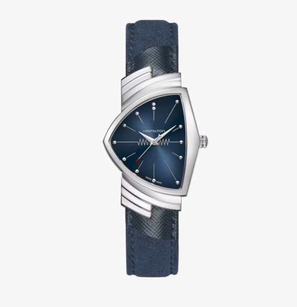 Hamilton Ventura Quartz H24411942 – триъгълен часовник със син циферблат и каишка от алкантара – ClassicWatches.bg