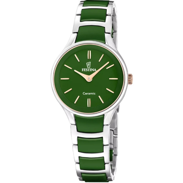 часовник festina f20752/6 дамски зелена керамика и стомана розово злато classicwatches.bg