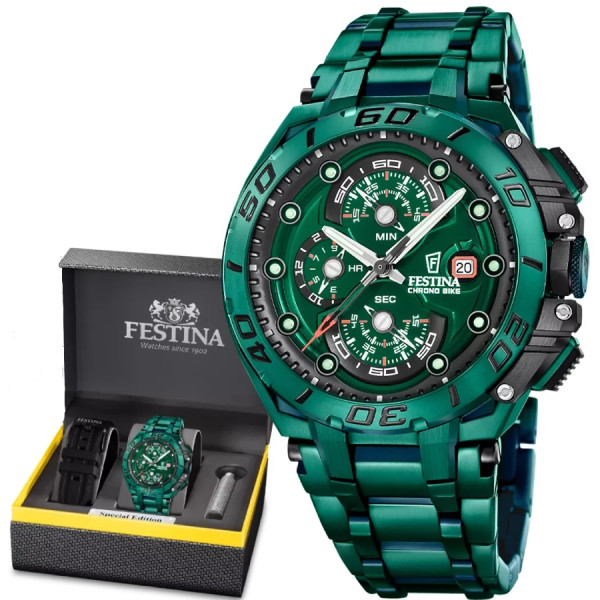 мъжки часовник festina chrono bike зелена верижка и черна каишка classicwatches.bg

