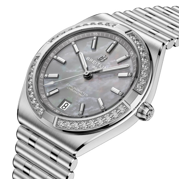 часовник breitling chronomat 36 сив циферблат 11 диаманта classicwatches.bg