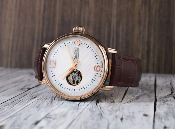 Часовник POLJOT INTERNATIONAL Jaros Open Heart 42mm 38NH.4286811 – тъмнокафява кожена каишка с крокодилски релеф – classicwatches.bg