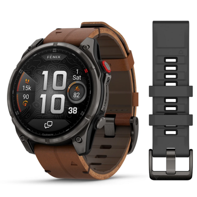 fēnix® 8 Pro – 47 мм, AMOLED - fēnix® 8 Pro – 47 mm, AMOLED, Sapphire - Carbon grey DLC titanium с Chestnut кожена каишка