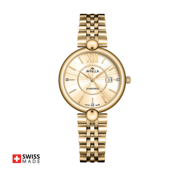 часовник Appella L50011.1161DQ със златист циферблат и диамантени акценти classicwatches.bg