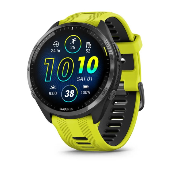 GARMIN FORERUNNER 965 CARBON GREY DLC TITANIUM БЕЗЕЛ С BLACK КОРПУС И AMP YELLOW/BLACK СИЛИКОНОВА КАИШКА 010-02809-12