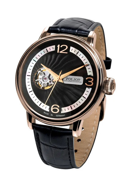 Часовник POLJOT INTERNATIONAL Jaros Open Heart 42mm 38NH.4286813 – черен гулиоширан циферблат с Open Heart дизайн – classicwatches.bg