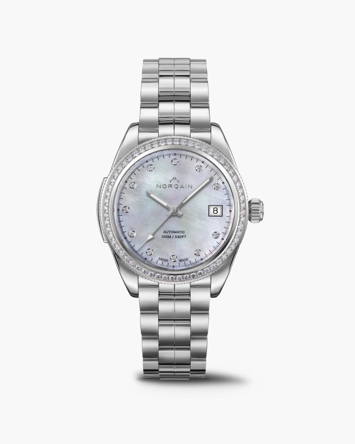 Часовник NORQAIN Adventure Sport 37mm N1800.08S10.W01 със седефен циферблат и безел с диаманти – classicwatches.bg
