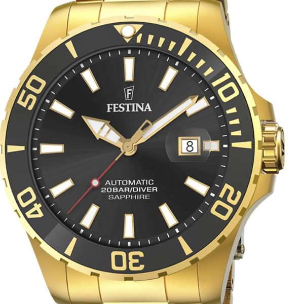 festina f20533 2 мъжки автоматик златна верижка черен циферблат classicwatches.bg
