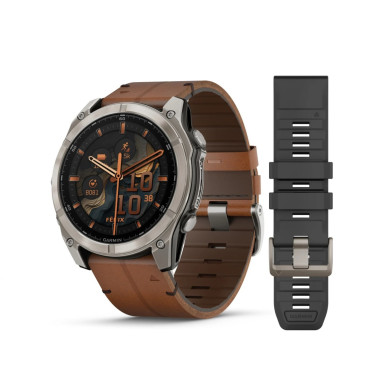 GARMIN FENIX 8 51MM AMOLED SAPPHIRE BARE TITANIUM BLACK С CHESTNUT КОЖЕНА КАИШКА