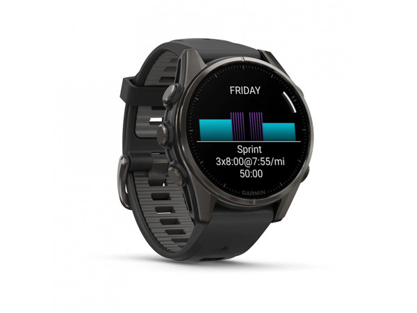 GARMIN FĒNIX® 8 - 43 мм, AMOLED - FĒNIX® 8 - 43 мм, AMOLED, Sapphire - Carbon Gray DLC Titanium с Black/Pebble Gray силиконова каишка