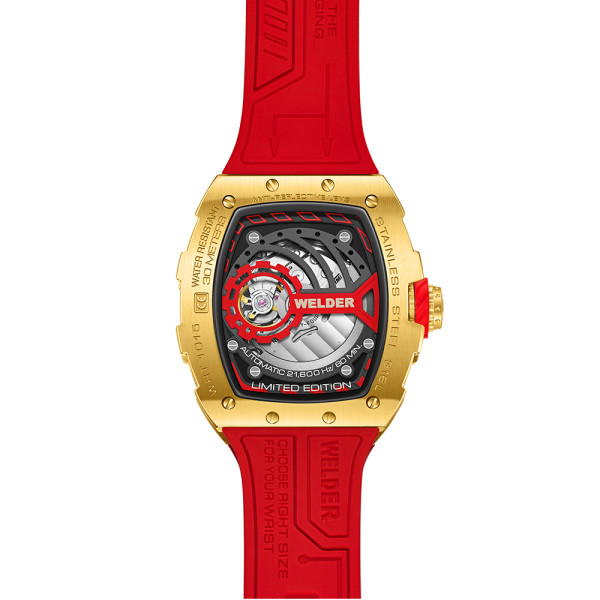 часовник welder златен скелетон индустриален стил червен акцент classicwatches.bg