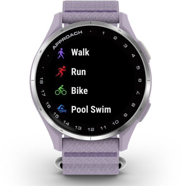 ЧАСОВНИК GARMIN APPROACH® J1 47 ММ GPS СМАРТ ЧАСОВНИК С SILVER АЛУМИНИЕВ БЕЗЕЛ И LILAC COMFORTFIT КАИШКА 010-03898-10