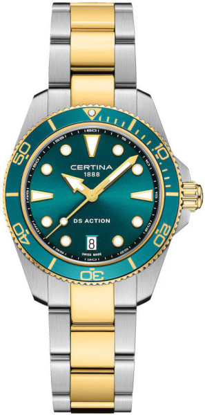 certina ds action 34.5mm, certina c048.210.22.091.00, certina дамски дайвър часовник, certina 300m водоустойчивост, certina зелен циферблат