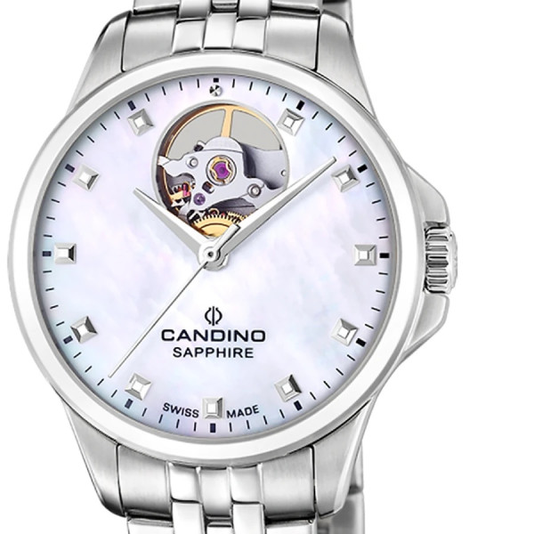 Candino automatic дамски часовник със седефен циферблат и открит механизъм classicwatches.bg
