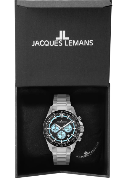 часовник Jacques Lemans 1-2207B, мъжки хронограф Jacques Lemans, черен часовник със сини акценти, спортен часовник 20 ATM, Jacques Lemans мъжки модел, часовници България
