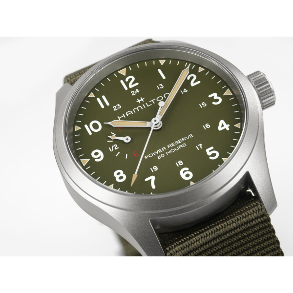 hamilton khaki field power reserve 40mm green dial classicwatches.bg
