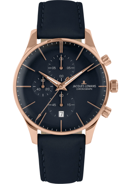 часовник Jacques Lemans 1-2163F, мъжки хронограф Jacques Lemans, часовник син циферблат розово злато, елегантен мъжки часовник кожа, Jacques Lemans България