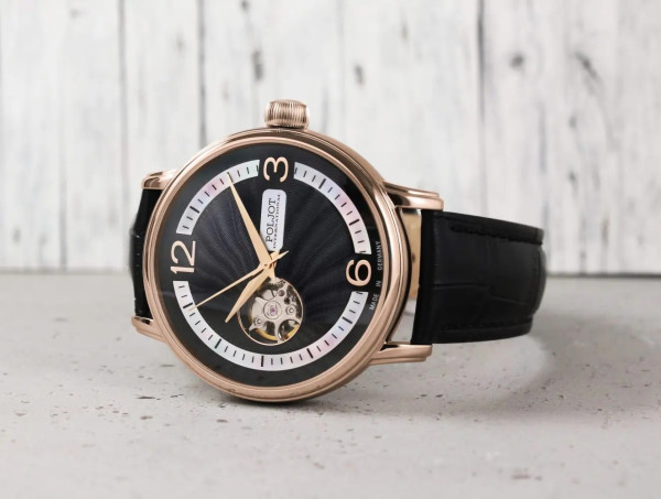 Часовник POLJOT INTERNATIONAL Jaros Open Heart 42mm 38NH.4286813 – черна кожена каишка с крокодилски релеф – classicwatches.bg