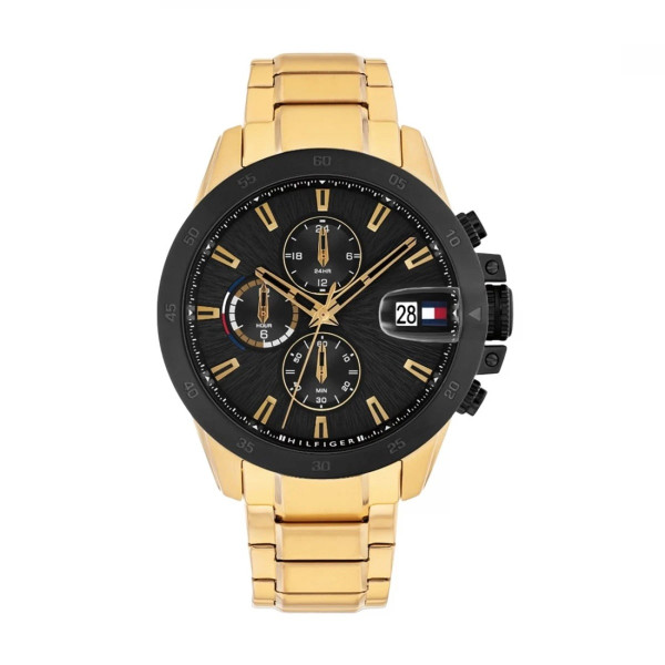 Tommy Hilfiger 1792199, мъжки часовник Tommy Hilfiger, Tommy Hilfiger Jameson, часовник черен циферблат злато, мъжки хронограф златно покритие

