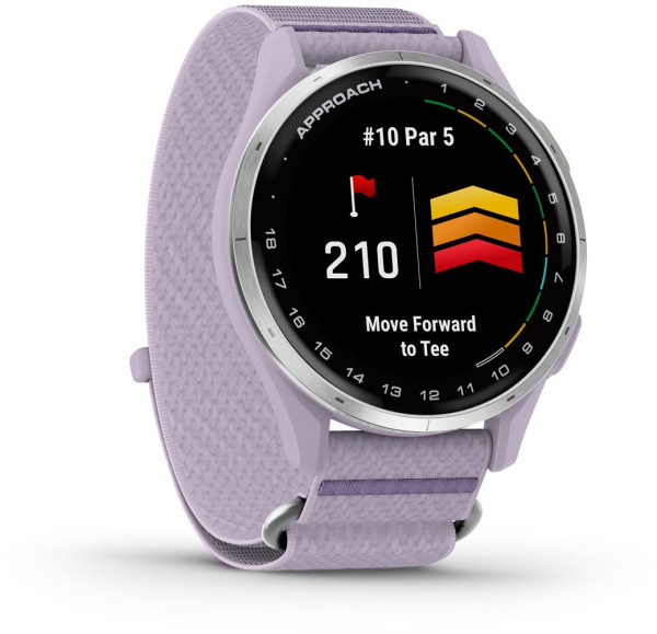 ЧАСОВНИК GARMIN APPROACH® J1 47 ММ GPS СМАРТ ЧАСОВНИК С SILVER АЛУМИНИЕВ БЕЗЕЛ И LILAC COMFORTFIT КАИШКА 010-03898-10