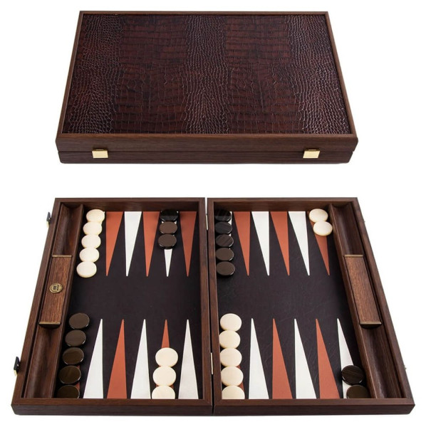 LUXURY BACKGAMMON FOR GAME MANOPOULOS - CROCODILE TOTE ANTIQUE BROWN, 60 X 48 CM, GENUINE LEATHER