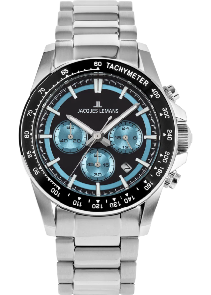 часовник jacques lemans 1-2207B мъжки хронограф черен циферблат сини акценти classicwatches.bg
