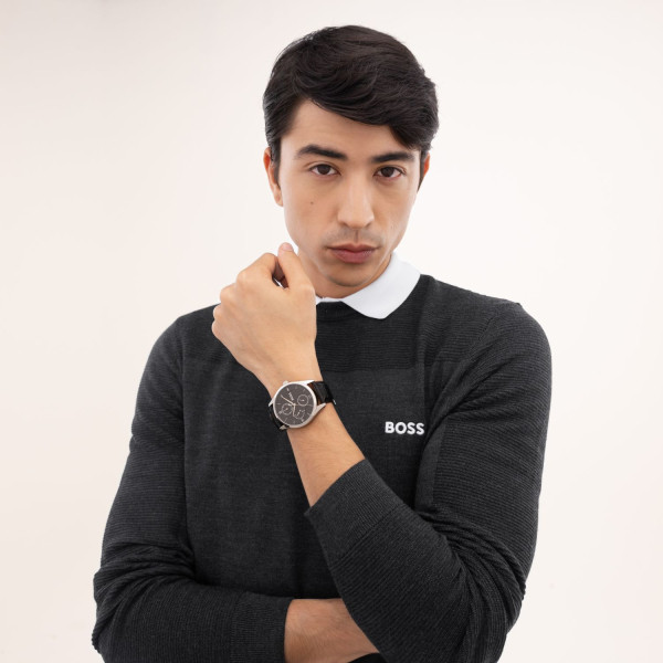 HUGO BOSS 1514272 мъжки часовник с кожена каишка и тъмен циферблат – classicwatches.bg