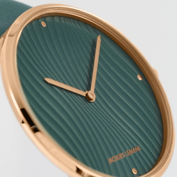 jacques lemans дамски часовник зелена кожена каишка и розов корпус classicwatches.bg
