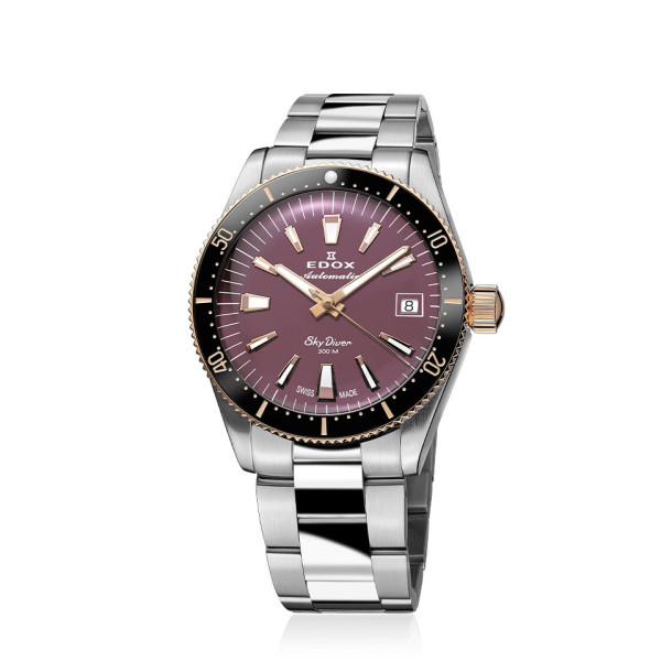 Edox Skydiver Date Auto 80131 357RNRM VIO с пурпурен циферблат и розово-златни стрелки