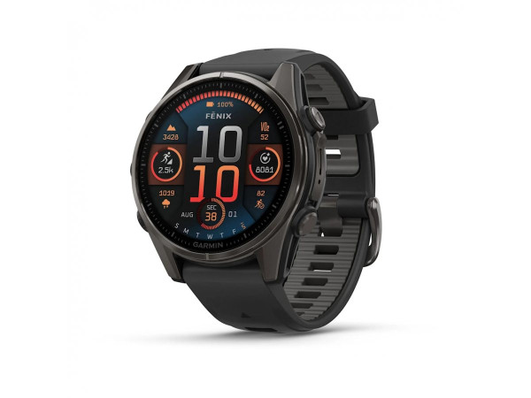 GARMIN FĒNIX® 8 - 43 мм, AMOLED - FĒNIX® 8 - 43 мм, AMOLED, Sapphire - Carbon Gray DLC Titanium с Black/Pebble Gray силиконова каишка