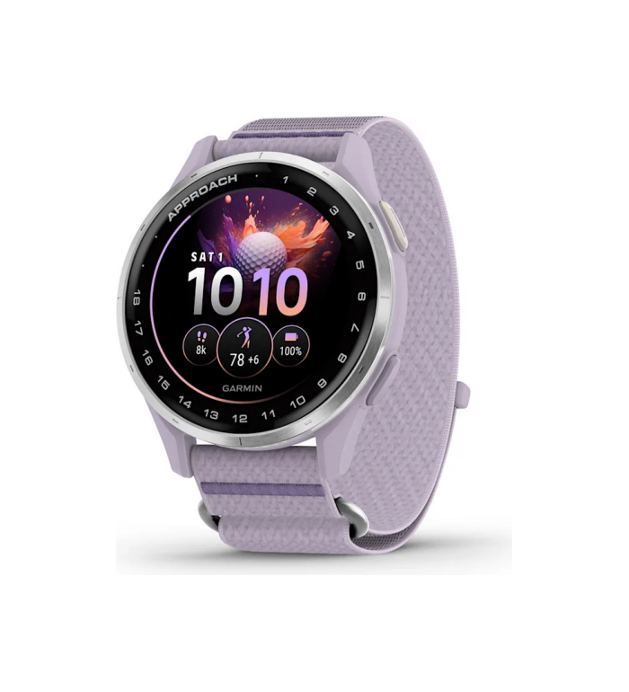 ЧАСОВНИК GARMIN APPROACH® J1 47 ММ GPS СМАРТ ЧАСОВНИК С SILVER АЛУМИНИЕВ БЕЗЕЛ И LILAC COMFORTFIT КАИШКА 010-03898-10