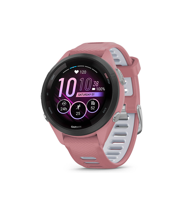 Garmin Forerunner 265S Black bezel with Light Pink case and Light Pink/Powder Grey silicone strap 010-02810-15