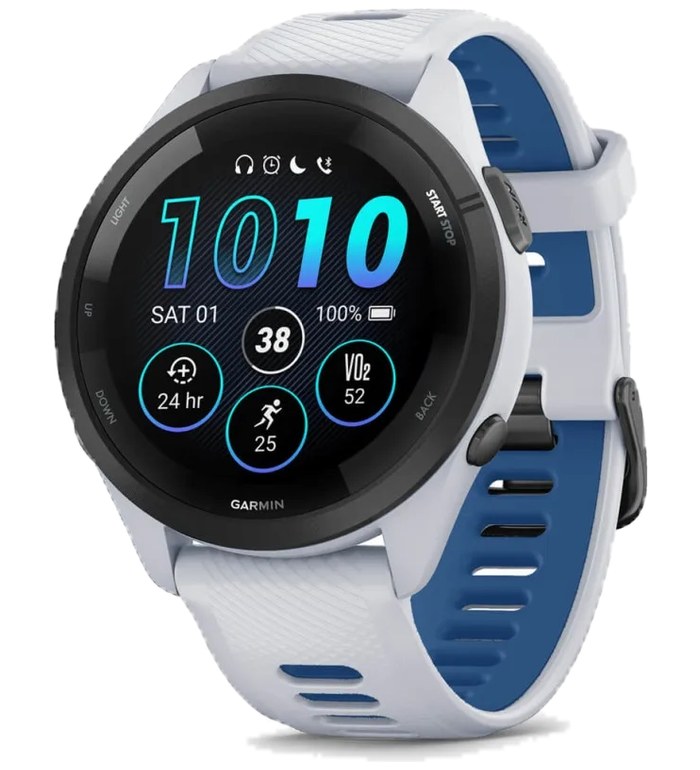 Forerunner® 265 - Black безел с Whitestone корпус и Whitestone/Tidal Blue силиконова каишка