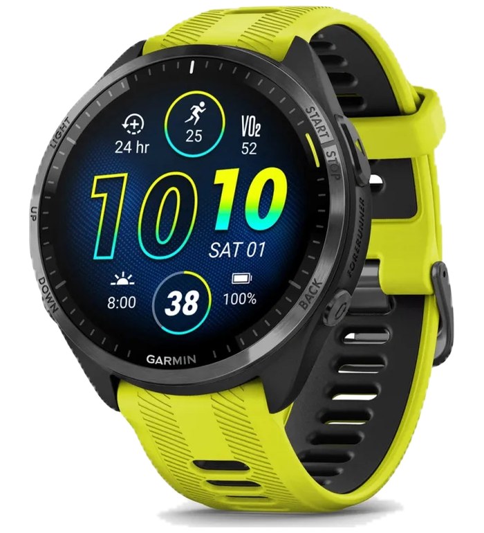GARMIN FORERUNNER 965 CARBON GREY DLC TITANIUM БЕЗЕЛ С BLACK КОРПУС И AMP YELLOW/BLACK СИЛИКОНОВА КАИШКА 010-02809-12