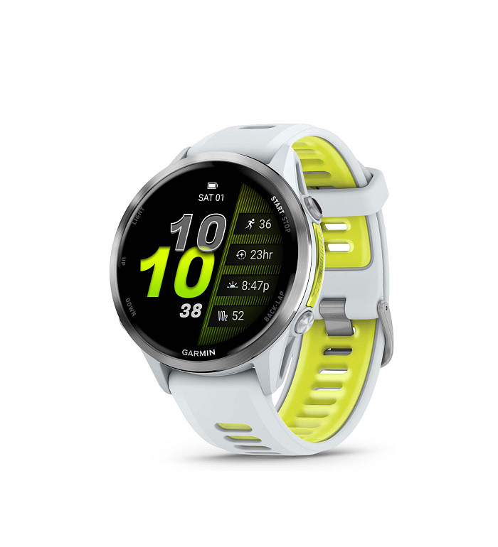 Garmin Forerunner 970 Titanium with Whitestone case and Whitestone/Translucent Amp Yellow strap 010-02969-11
